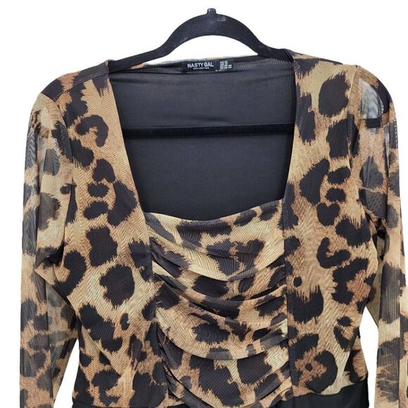 Nasty Gal Bodysuit Leotard Long Sleeve Square Neck Ruched Leopard Brown Sz 14 - Picture 4 of 7